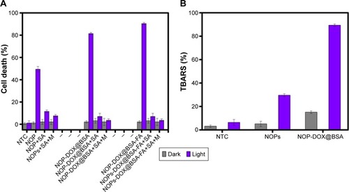 Figure 5 Effect of ROS scavenger and TBA.Notes: (A) Effect of ROS scavenger M and SA on the photo-oxidative activity of NOPs, NOP-DOX@BSA, and NOP-DOX@BSA-FA. (B) TBA assay results for NOPs and NOP-DOX@BSA exposure. Data are expressed as percent (%) TBARS. Values represent mean ± SD. P<0.0001 when compared to dark and light.Abbreviations: BSA, bovine serum albumin; DOX, doxorubicin; FA, folic acid; M, mannitol; NOP, nickel oxide nanoparticle; NTC, nontreated cells; ROS, reactive oxygen species; SA, sodium azide; SD, standard deviation; TBARS, thiobarbituric acid reactive substances; TBA, thiobarbituric acid.