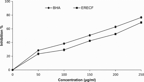 Figure 5. Lipid peroxidation inhibitory effects of ethanolic root extract of Coleus forskohlii (ERECF) and standard compound, butylated hydroxyanisole (BHA).
