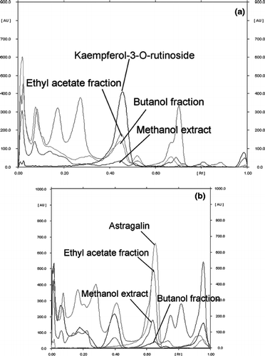 Figure 1  HPTLC profiles (overly chromatograms) of methanol extract, ethyl acetate fraction, and butanol fraction. Eluent: ethyl acctate:methanol:water (100:13.5:10) (v/v). (a) Detection, 365 nm; (b) detection, 254 nm.