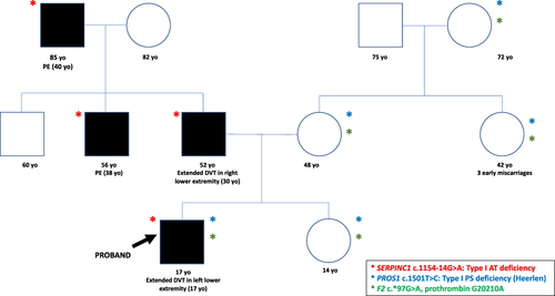 Figure 1 Pedigree of the studied family. Filled symbols represent thrombotic events. The age (yo: years old) of the thrombotic events is between brackets. The arrow points the proband. The prothrombotic genetic defects identified in each subject (all heterozygous) are also indicated.