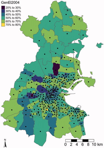 Figure 3. Voter turnout in the 2002 General Elections per electoral division. The black dots represent the observation locations per electoral division used in our analysis. They are provided in the data set, too.