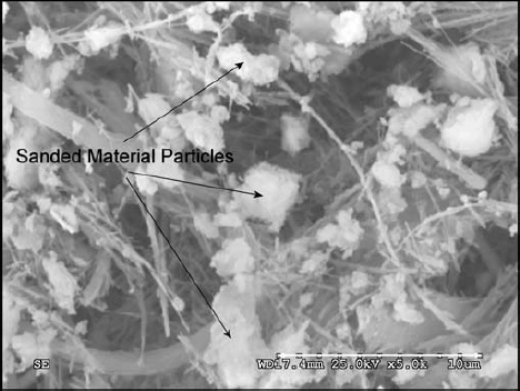 FIG. 3  SEM photomicrograph of one of the reserve aerosol sampling filters from exposure group 3 (chrysotile and sanded material). As can be seen, the particle/fiber loading of the filter was too dense to allow determination of the concentration; however, numerous particles of the sanded material are visible as well as the chrysotile fibers. The EDAX analysis of the particles/fibers in the center of the photomicrograph is shown in Figure 4.