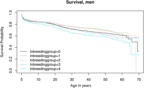 Figure 3. Kaplan–Meier survival curves showing men’s longevity by own inbreeding group.Source: Digitised parish register, Demographic Data Base, Umeå University.