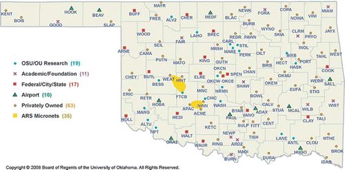 Figure 1. Location of Oklahoma Mesonet stations with IDs (color figure available online). Source: CitationOklahoma Mesonet, 2008. Oklahoma Mesonet Overview. Available at http://www.mesonet.org/