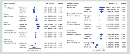 Figure 2. Association of the risk score and other clinical features with progression-free interval in three groups.HR: Hazard ratio.