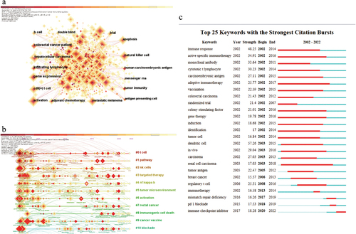 Figure 6. Co-occurrence network graph (a) and clustering timeline graph (b) of keyword generated by CiteSpace. (c) Top 25 most cited keywords.