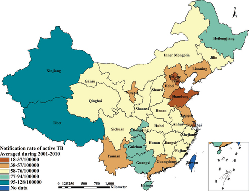 Fig. 1 Averaged notification rate of active TB during 2001–2010 in P. R. China.