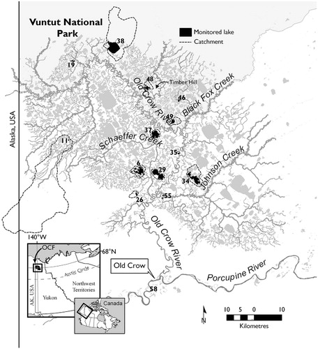 FIGURE 1. Map showing the location of 14 lakes selected for the hydroecological monitoring program in Old Crow Flats (OCF), Yukon Territory. The shaded area north of Old Crow River represents Vuntut National Park, while the southern portion of OCF represents the Vuntut Gwitchin First Nation Special Management Area. Catchment areas are outlined for each lake (dashed lines). See Turner (Citation2013).