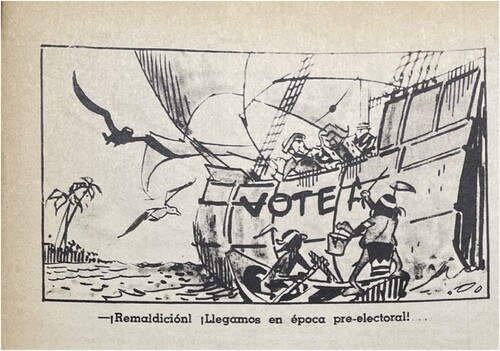 Figure 2. ‘Damn it all, we arrived in the run-up to elections’. Cartoon by Toño Gallo, Rico Tipo, 11 October 1961.(Source: Biblioteca Nacional Mariano Moreno de la República Argentina).