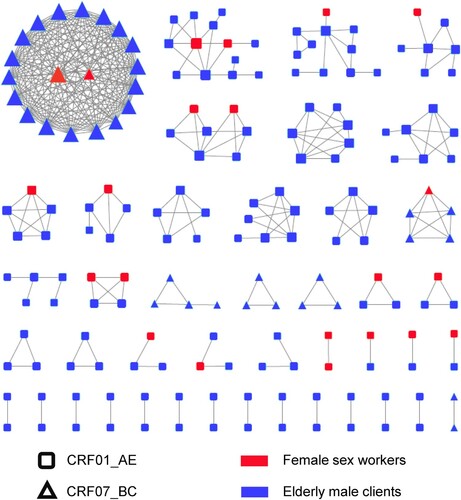 Figure 3. Molecular transmission networks of HIV-1 among female commercial sex workers and their elderly male clients in Guigang City, Guangxi. This diagram was arranged by cluster sizes. Different shapes represent various subtypes: rectangle: CRF01_AE; triangle: CRF07_BC. Orange: female sex workers; blue: elderly male clients of FSWs. The sizes of those shapes were dictated by degree.