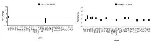 FIGURE 9. RT-PCR differential gene expression comparing CWD-infected group D time points to the CWD-negative controls from group D. At 60 DPI, mice showed little differentiation from control animals (A). At terminal disease there was an increase in gene alterations with 13 exhibiting > 2-fold change (B). (20X magnification.)