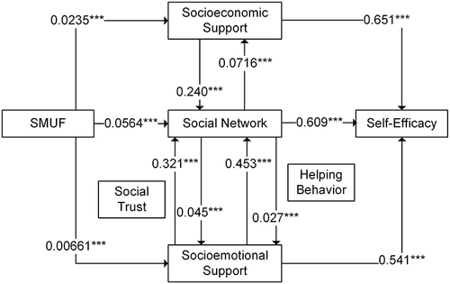 Figure 1 The mediating mechanism between SMUF and self-efficacy.