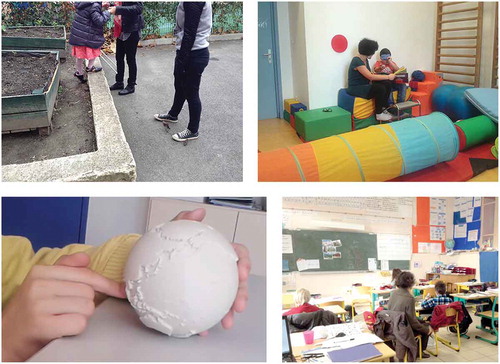 Figure 3. In the Mapsense project, design activities were embedded within the normal delivery of educational services. These pictures illustrate various challenges encountered: the top right and left picture show how close physically to the pupils educators and teachers need to be in different activities. The same might go for the designer. Bottom left picture is of the tactile globe probe which proved challenging to deploy as educators used it as a teaching opportunity that ultimately caused the pupil to disengage. Finally, the bottom right photo depicts a classroom context, in which a special education teacher sits by one of our participant, further illustrating issues of negotiating with adult gatekeepers. The case study on confidentiality is not illustrated, due to its very nature.