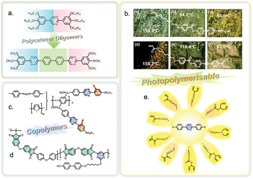 Figure 8. (Colour online) The schematic exhibition of pyrimidine-based polycatenar oligomers, photopolymerisable liquid crystals and copolymers for application in organic semiconductors.