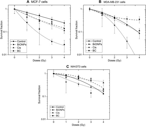 Figure 5 Survival curves of control, BiONPs, Cis, and BC treated on (A) MCF-7, (B) MDA-MB-231 and (C) NIH/3T3 cells irradiated with HDR brachytherapy. The survival data were fitted to linear-quadratic (LQ) models.Notes: Error bars represent the standards errors of survival fractions.