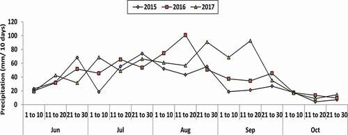 Figure 2. Precipitation (mm/10 days) of during durum wheat growing season in 2015, 2016 and 2017 at Alemtena