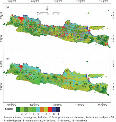 Figure 11. (a) The land cover map by Department of Forestry; (b) the land use map produced using the temporal pattern of Moderate Resolution Imaging Spectroradiometer (MODIS) enhanced vegetation index (EVI).