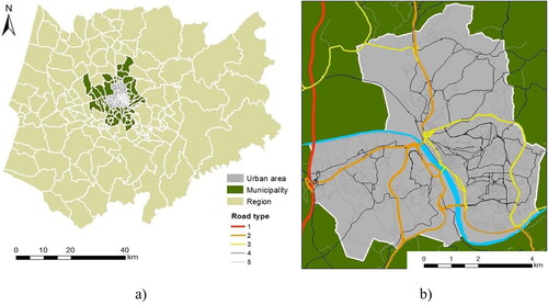 Figure 4. Traffic zones (a) and urban road network (b) considered in the study.