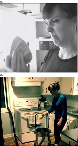 Figure 3. a. Screenshot of actress holding spoiled food in commercial. Reproduced with permission from students Olivia Roth and Lisa Brackenridge. b. Screenshot of actress using the Envirocene in commercial. Reproduced with permission from students Olivia Roth and Lisa Brackenridge.
