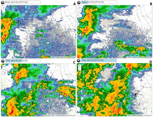 Figure 22. NEXRAD-based reflectivity corresponding to the seven tornadoes in cluster C. Panel A shows the base reflectivity at 1743 UTC and corresponds to the two EF1 tornadoes that began at 1741 and 1742 UTC. Panel B–D show base reflectivity at 1805 UTC, 1845 UTC and 1953 UTC and corresponds to the EF1, EF1 and EF2 tornadoes that began at 1806 UTC, 1845 UTC and 1955 UTC, respectively. The Ts denote the start locations of the tornadoes.