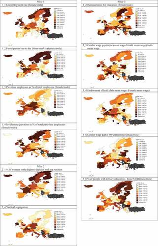 Figure 1. Maps for a selection of indicators(*) included in the composite index measured at NUTS1 level.