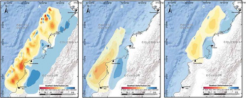 Figure 8. Vertical deformation of the seafloor for each of the three scenarios of broadband slip models in the Colombo-Ecuadorian subduction zone: worst-case scenario (left), 1906 scenario (center), and 1979 scenario (right)