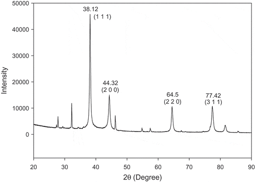 Figure 2. XRD patterns of Ag-NPs synthesized using HLE.HLE: aqueous Houttuynia cordata leaf extract.Figura 2. Patrones XRD de las Ag-NPs sintetizadas utilizando HLE.HLE: extracto acuoso de hojas de Houttuynia cordata.