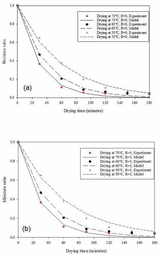 Figure 4. Experimental and modeled moisture ratios as a function of drying time at a drying capacity of 0.1 kg of onion slices (a) without recycled exhaust air, R = 0 and (b) recycled exhaust air to fresh air ratio of 1