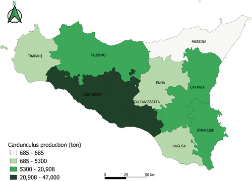 Figure 3. Cardunculus production distribution within Sicily region.