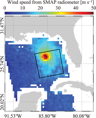 Figure 3. Wind map from soil moisture active passive (SMAP) radiometer over TC Michael at 23:39 UTC on 9 October 2018. The black rectangle represents the spatial coverage of the image in Figure 2.