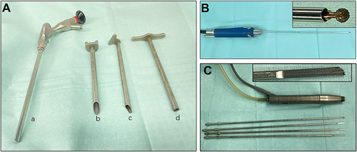 Figure 1 Endoscope of Endo-surgi Plus system and special instruments used in the operation. (A-a) An endoscope, (A-b) a U-shaped cannula (outer working cannula), (A-c) a T-shaped cannula (inner working cannula), and (A-d) a full-visualized trepan. (B) An endoscopic high-speed diamond bur and (C) an endoscopic piezosurgery.