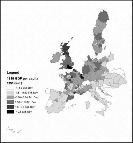 Figure 4.  European Regional GDP per capita in 1990 Geary-Khamis dollars, 1910. Sources: Authors' calculations based on sources in Section 2.4.