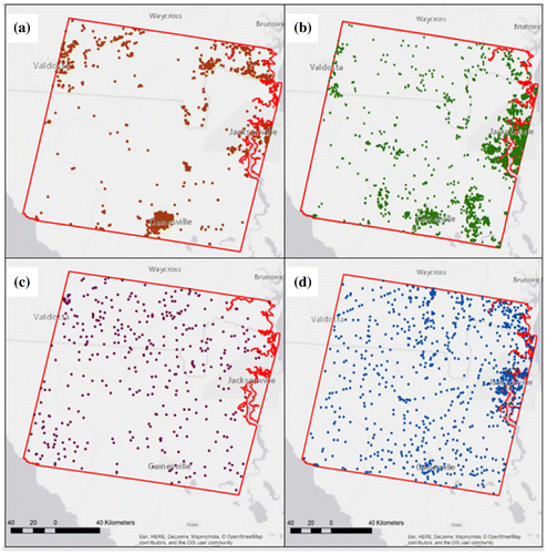 Figure 6. Spatial distribution of RF training from OSM and Google Earth Engine: (a) centroid center of OSM-Landuse feature; (b) centroid center of OSM-Nature feature; (c) managed forest sites from Google Earth visualization; (d) centroid center of OSM-Place feature. The base map was developed by Esri using HERE data, DeLorme basemap layers, OpenStreetMap contributors, Esri basemap data, and select data from the GIS user community. In North America coverage is provided from Level 14 (1: 36k scale) through Level 16 (1:9k scale). http://goto.arcgisonline.com/maps/World_Light_Gray_Base. This map was created using ArcGIS® software by Esri. ArcGIS® and ArcMap™ are the intellectual property of Esri and are used herein under license. Copyright © Esri. All rights reserved. For more information about Esri® software, please visit http://www.esri.com