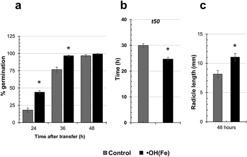 Figure 5. Effect of the •OH(Fe)-treatment in rice seeds. (a) Germination, (b) time for 50% germination t50, and (c) radicle growth at 48th hours. The asterisk indicates a significant P < 0.05, Student’s t-test) difference between control and other treatments.