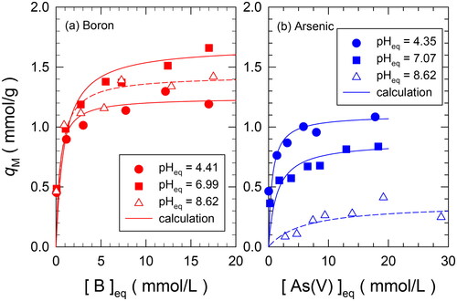 Figure 2. Adsorption isotherms for (a) B and (b) As(V) in single systems. The pH was adjusted using HCl/NaOH. The calculated values of the adsorption isotherms from the Langmuir adsorption model are shown as solid and dotted lines.