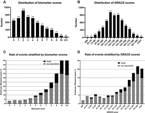 Figure 1 (A) Distribution of biomarker scores; (B) Distribution of GRACE scores; (C) Annual event rate of biomarker scores; (D) Annual event rate of GRACE scores.