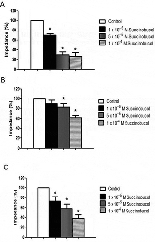 Figure 1. (A) Succinobucol caused a dose-dependent reduction in collagen-induced platelet aggregation in rabbit whole blood. Aggregation was measured by impedance aggregometry and values in the presence of succinobucol are expressed as a percentage of the average value of at least three determinations of impedance in the presence of collagen alone (n = 6; p < 0.05 vs. control). (B) Succinobucol also caused a significant reduction in whole blood aggregation in response to ADP (n = 10; p < 0.05 vs. control). (C) In rabbit platelet-rich plasma, succinobucol also caused a dose-dependent reduction in aggregation compared to collagen alone (n = 5; p < 0.05 vs. control).