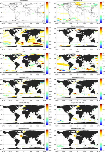 Fig. 7 The difference of 2–5 lead-year averaged RMSE of FREE and EnKF-SST, over the 10 prediction cycles, as in Figure 3.