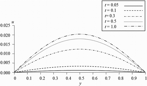 Figure 7. Velocity profile when α1 and α2 approaches infinity and η =0.1 for case 2.