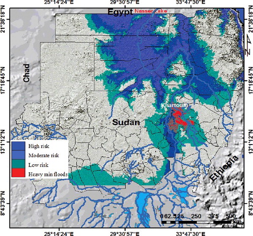 Figure 8. The Blue Nile River flooded areas of Sudan simulated from DEM using the flood basin model shows the areas that will be affected by flood in the case of the GERD failure. The red polygons highlight the flooded areas by rainfall water during wet seasons. (To view this figure in colour, see the online version of the journal.)