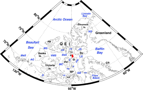 Fig. 1 The name of the islands, straits and locations in the model domain, AG: Amundsen Gulf, B: Bellot Strait, D: Dolphin and Union Strait, BM: Byam Martin Channel, BaS: Barrow Strait, FH: Fury and Hecla Strait, FS: Franklin Strait, GB: Gulf of Boothia, LS: Lancaster Sound, JS: Jones Sound, MaS: Mackenzie Shelf, MC: M'Clintock Channel, MS: McClure Strait, NS: Nares Strait, Pe: Peel Sound, PS: Penny Strait, VMS: Viscount Melville Sound, VS: Victoria Strait, C: Cape Bathurst, CR: Clyde River, De: Devon Island, CI: Cornwallis Island, KW: King William Island, R: Resolute Bay, PP: Prince Patrick Island, PWI: Prince of Wales Island. PRI: Prince Regent Inlet, QEI: Queen Elizabeth Islands, SI: Somerset Island, The thick red line shows the location of a section in Fig. 8. MS, VMS, BaS, and LS constitute Parry Channel.