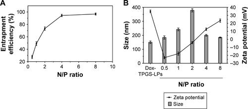 Figure S1 Entrapment efficiency, particle sizes, and zeta potentials of different formulations.Notes: (A) The entrapment efficiency of siRNA in FAM-siRNA/Dox-TPGS-LPs with varied N/P ratios. (B) The particle sizes and zeta potentials of Dox-TPGS-LPs and FAM-siRNA/Dox-TPGS-LPs with varied N/P ratios.Abbreviations: Dox, doxorubicin; FAM, fluorescein amidite; LPs, liposomes; N/P, nitrogen to phosphorus; TPGS, D-α-tocopherol polyethylene glycol 1000 succinate.