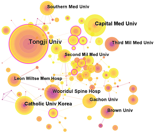 Figure 8 Map of institutions researching PELD for lumbar disc herniation from 2013 to 2022.