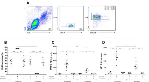 Figure 2 Gating strategy, flow cytometry analysis, intracellular IL-1β in CD14-CD163 defined subpopulations under different stimulation conditions. PBMC from healthy donors were stained with anti-CD3, anti-CD19, anti-CD14, anti-CD16, anti-CD86 and anti-CD163. Live cells were gated firstly by granularity and subsequently on CD3-CD19-CD14+ cells. Afterwards, the percentage of CD14+CD163- and CD14+CD163+ were determined by flow cytometry (A). CD163- cells count raises only when stimulated with LPS, reciprocally to CD163+ cells (B) (****p≤0.0001). CD163- cells contains significantly higher levels of IL-1β than CD163+ monocytes (C) (**p≤0.007) (****p≤0.0001). When IL-6 is analyzed, CD163- cells contains also higher levels than CD163+ when stimulated with LPS (D) (*p≤0.04) (****p≤0.0001). BD LSRFortessa cytometer. One-way ANOVA test used in all panels.