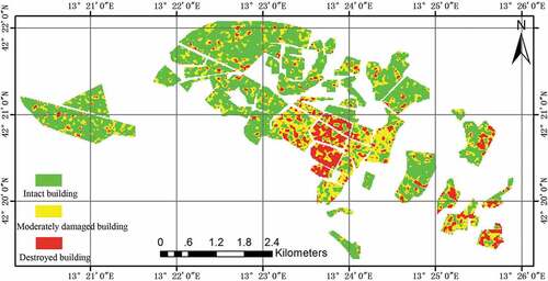 Figure 9. Distribution map of earthquake damage using the PTFCCD method. The extraction results are masked by building area