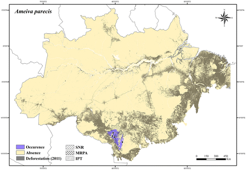 Figure 99. Occurrence area and records of Ameiva parecis in the Brazilian Amazonia, showing the overlap with protected and deforested areas.