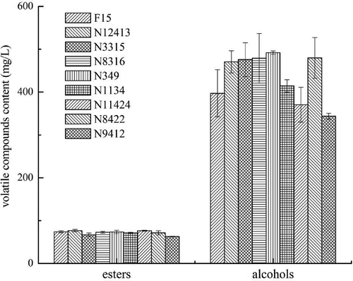 FIGURE 2 The content of total esters and alcohols in the wines fermented by different strains.
