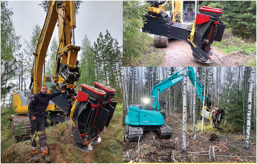 Figure 1. The felling bunching of whole trees in the early thinning was done with the Risupeto II felling head, capable of continuous cutting and accumulation. In time studies, the Risupeto II accumulating felling head was attached to the boom tip of the Kobelco SK140SRL-7 crawler excavator (see lower right-hand corner). Photos: J. Laitila and Reformet Oy.