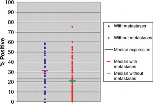 Figure 4.  Percentage of Cyclin D1 positive cells (+2 and +3) in each case of 131 papillary microcarcinomas combined with the median for the whole group, the metastatic (43 patients) and the non metastatic ones (88 patients).