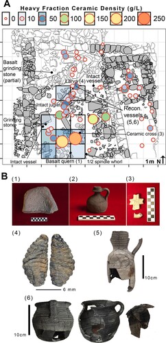Figure 6. A) Density of ceramic remains (g/L) recovered in the heavy fraction of flotation samples. The size of points and color (including the 1 × 1 m grids) indicates the density of remains. B) Images of objects include 1) a basalt quern, 2) an entire juglet recovered in situ, 3) a ceramic cross, 4) an as-yet-unidentified carbonized larva, and 5) and 6) are a reconstructed pouring and cooking vessel, respectively (assembled at UCLA by Francisca Bravo, Cassandra Dadat, and Kaitlyn Ireland under the supervision of Vanessa Muros). The locations of these items are indicated on the map by their associated number.